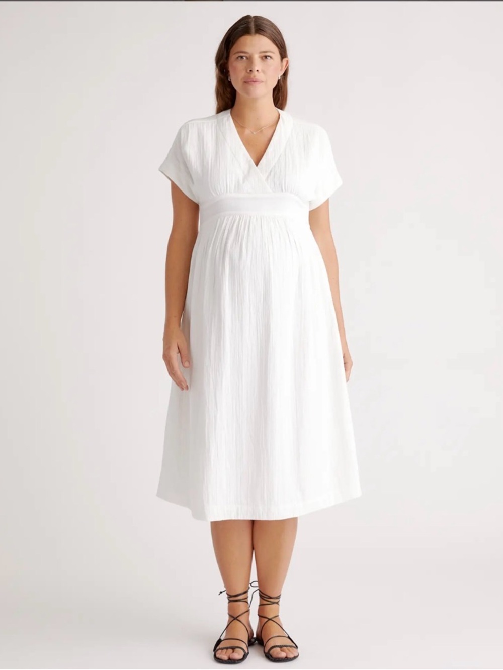 Quince Organic Cotton Gauze Maternity Midi Dress Women’s Small White V-Neck